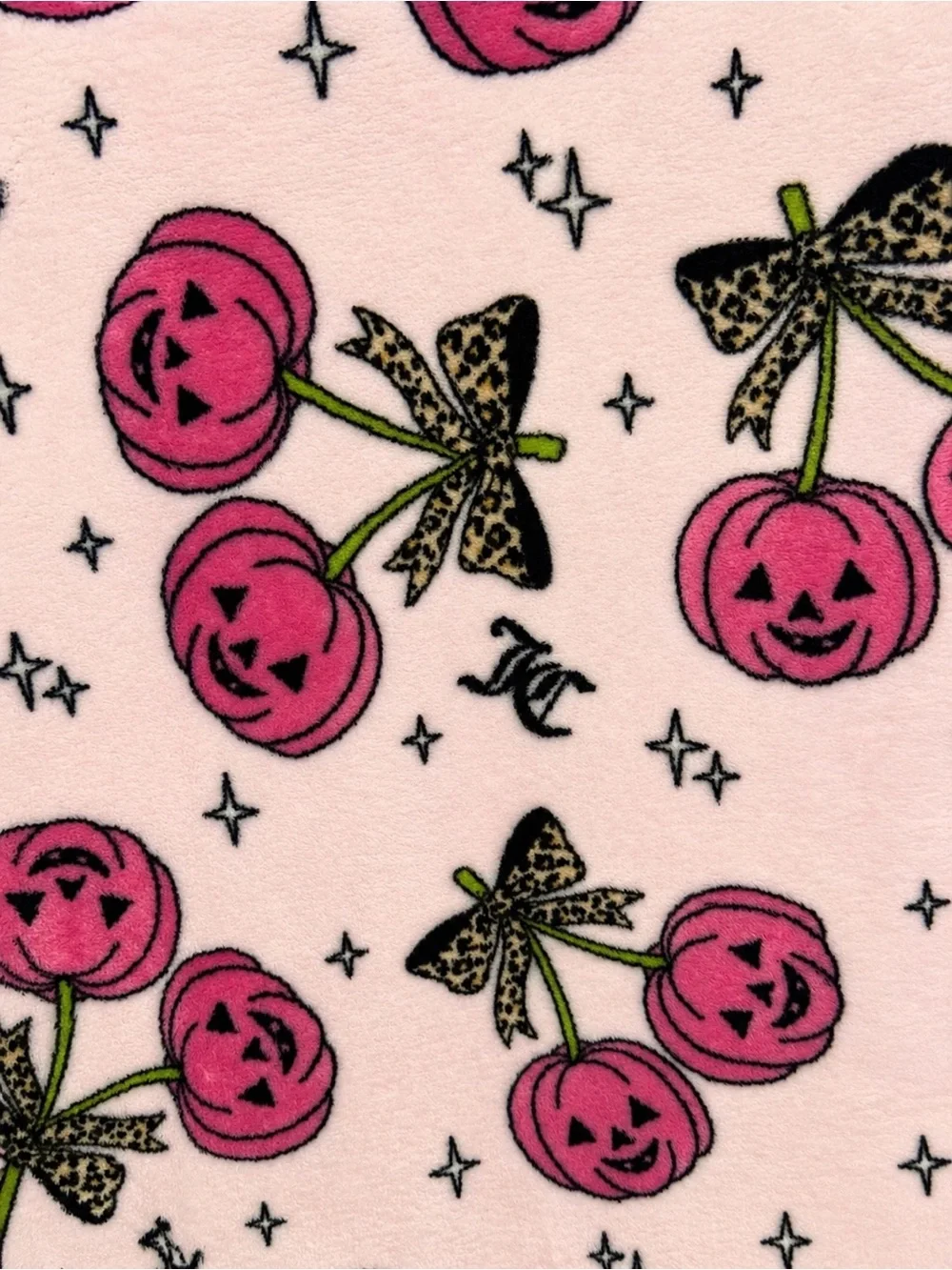 Juicy Couture Pink Plush Throw blanket with leopard Pumpkin cherries Print